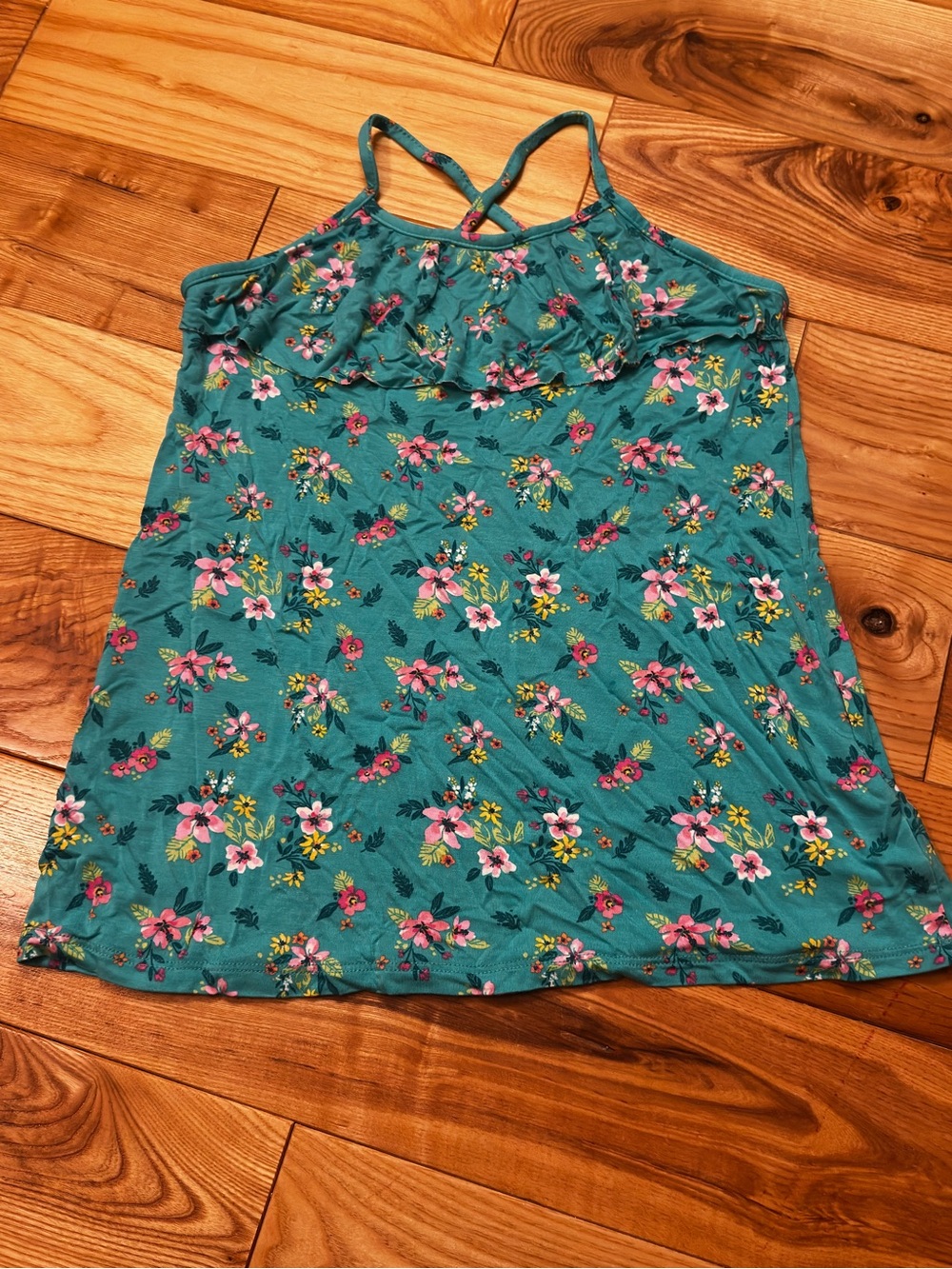 Rumí + Ryder Girls' Teal Floral Ruffle Tank Top, L (12/14)